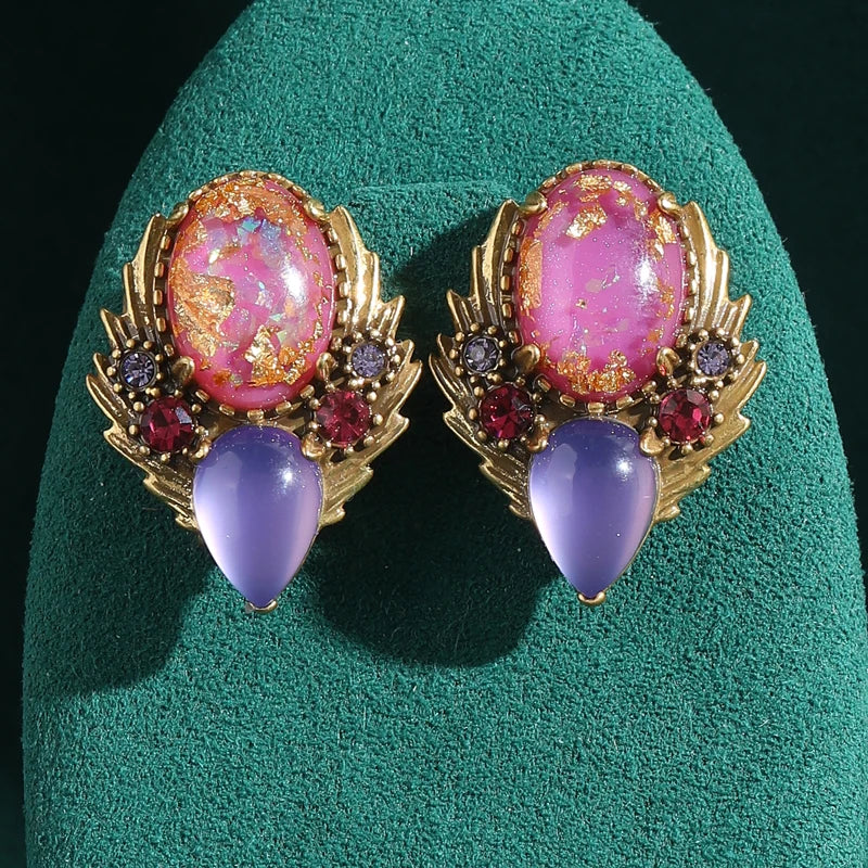 1950s Retro Hollywood Pink & Purple Moonstone Earrings – Foil Flower Waterdrop Studs