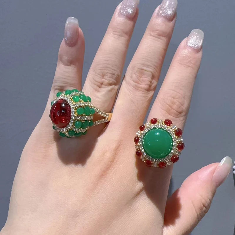 Vintage Green Agate & Red Glaze Gold-Plated Statement Ring – Adjustable