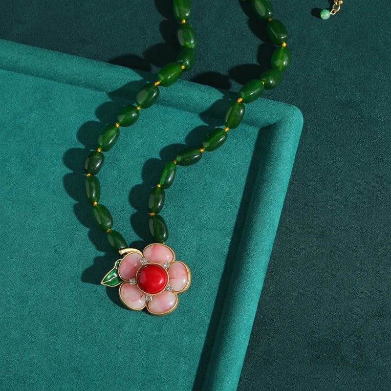 Vintage Green Glaze Beaded Necklace with Pink Flower Pendant