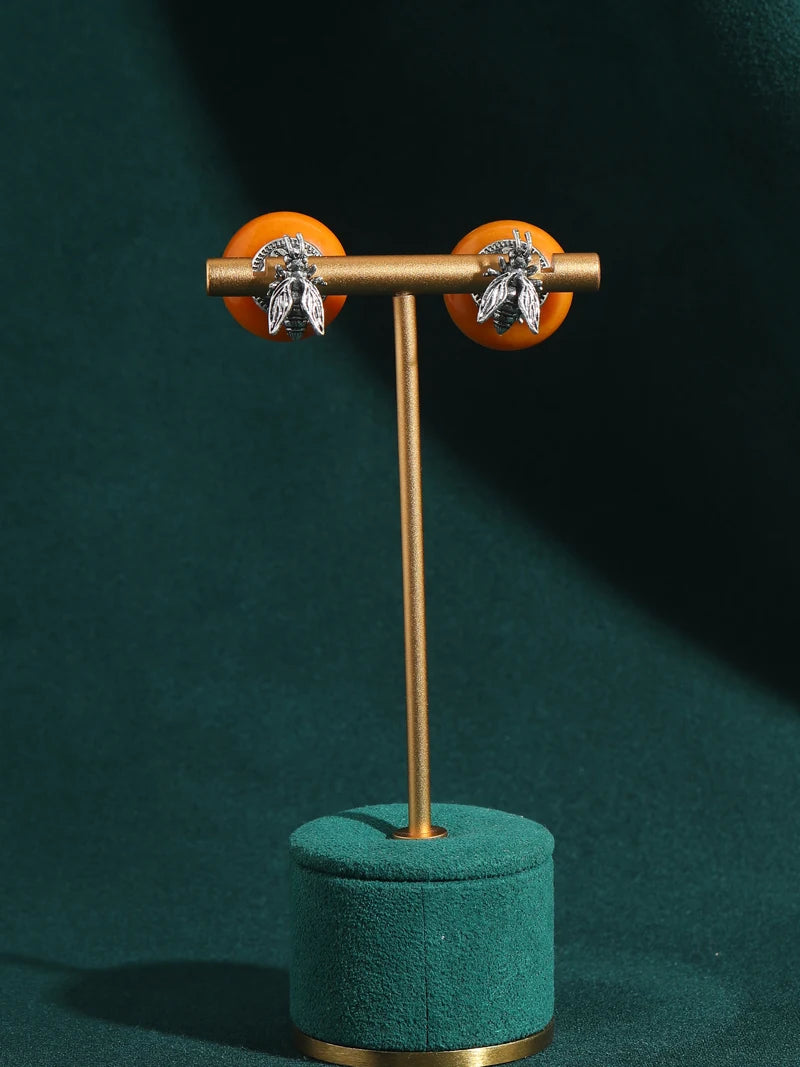 1960s Boho Mod Bee & Beeswax Earrings – Silver-Toned Natural Stone Studs