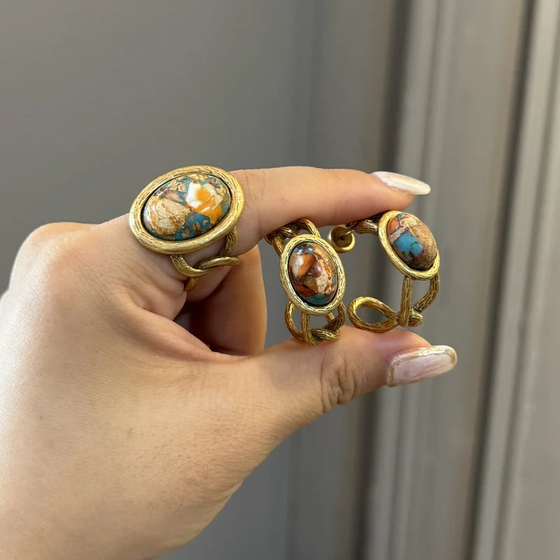 Boho Rococo Nautical Map Jewelry Set – Oval Stone Pendant, Earrings & Ring in Antique Copper