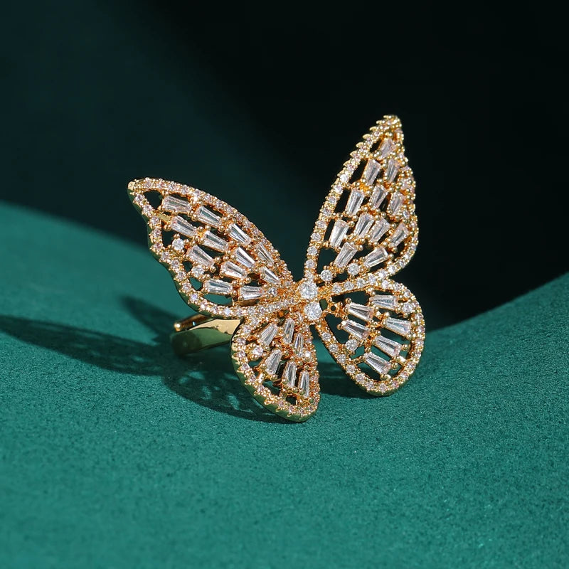 Vintage Butterfly Crystal Gold-Plated Statement Ring – Adjustable