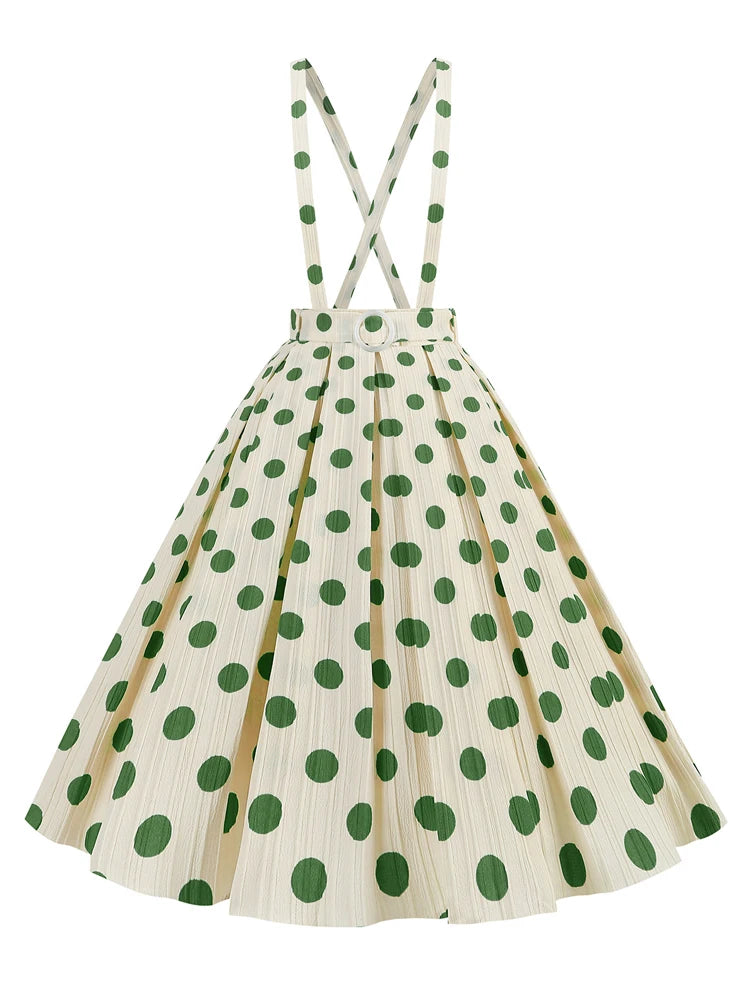 Vintage Polka Dot Suspender Swing Skirt - Retro Pin-Up Midi Skirt with Sashes