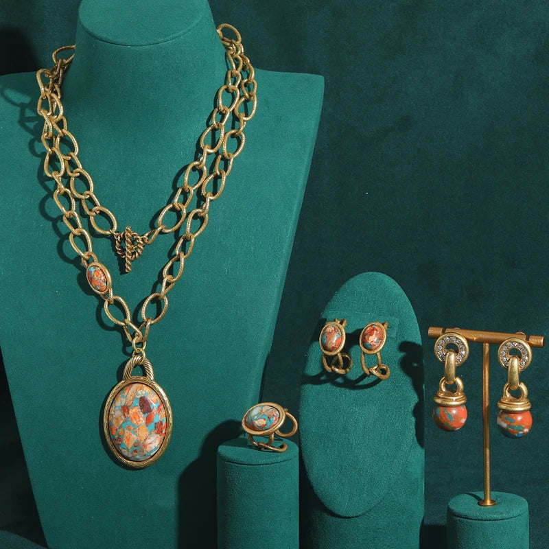 Boho Rococo Nautical Map Jewelry Set – Oval Stone Pendant, Earrings & Ring in Antique Copper