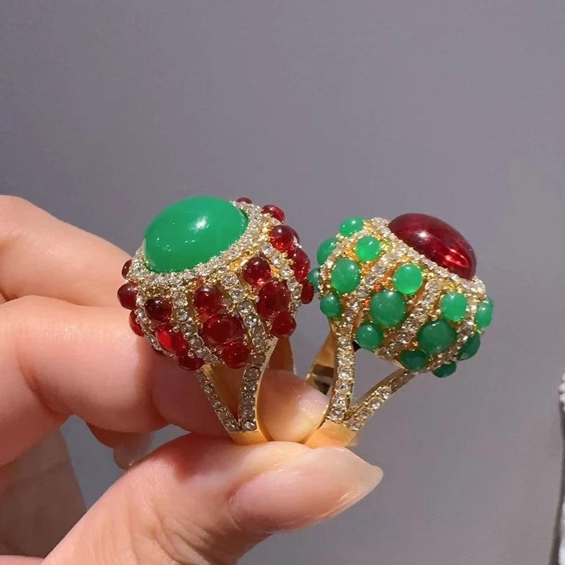 Vintage Green Agate & Red Glaze Gold-Plated Statement Ring – Adjustable