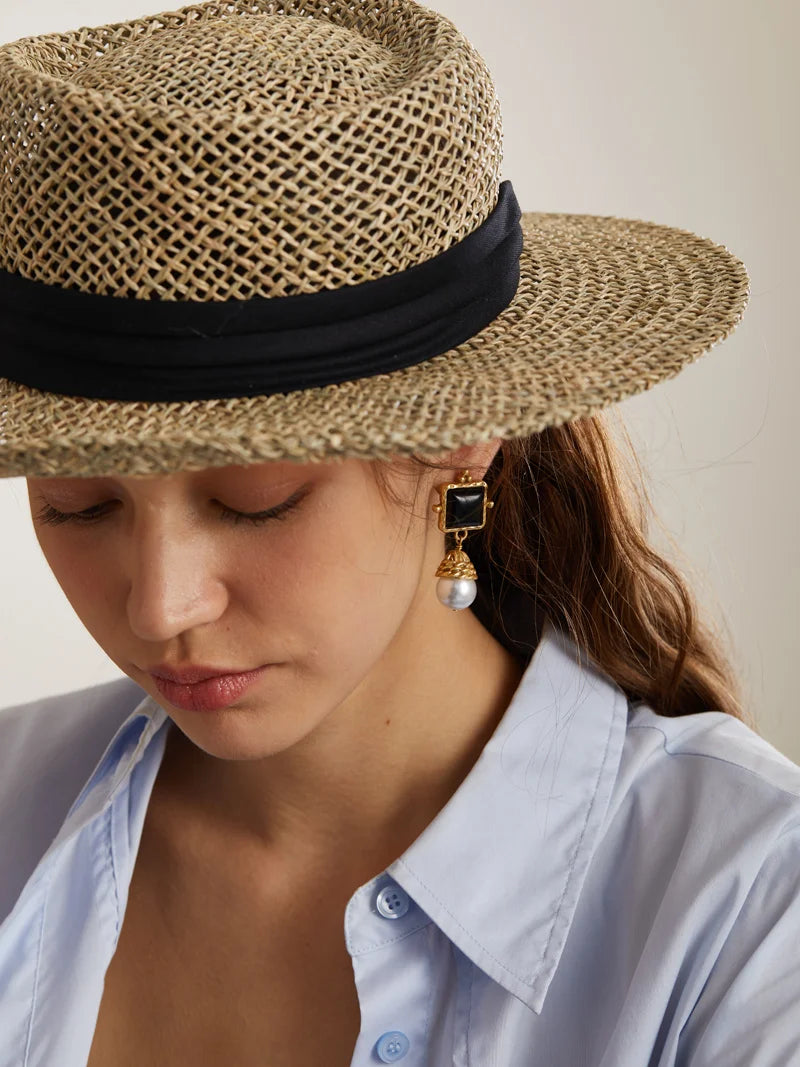 Square Black Agate & Pearl Drop Earrings – Vintage-Inspired Regal Glam