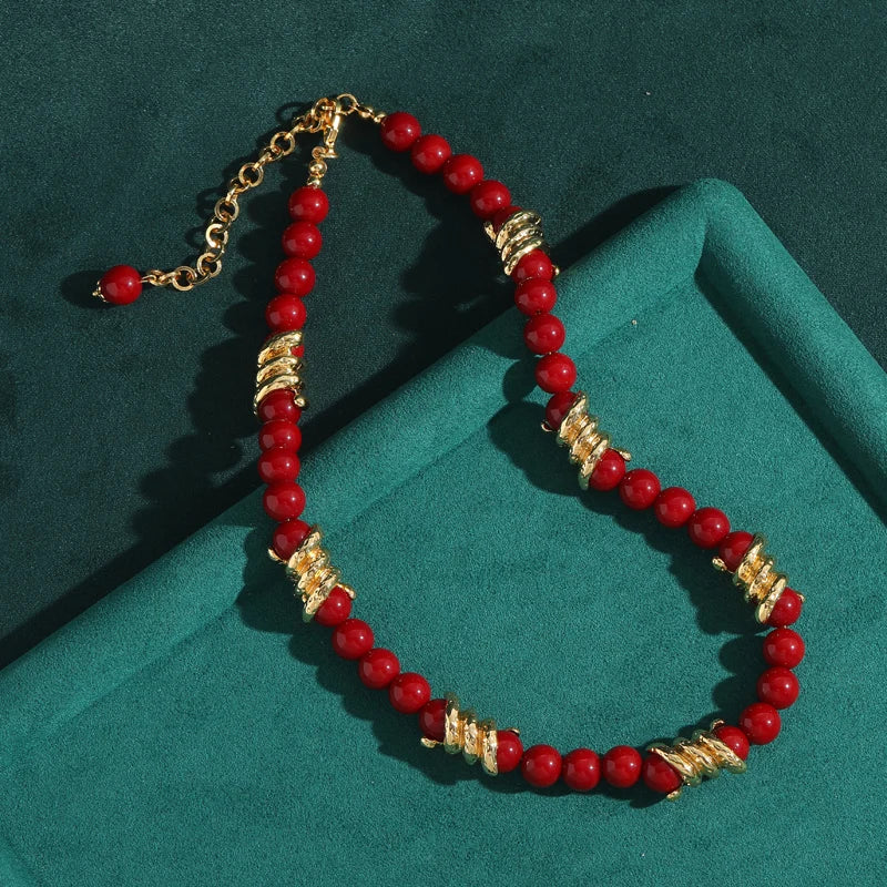 Vintage Spiral Red Glaze Beaded Choker Necklace