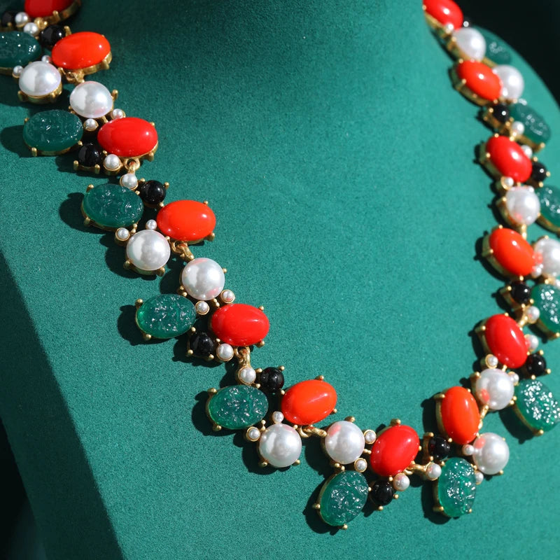 Vintage Red Agate & Green Glaze Pearl Christmas Necklace