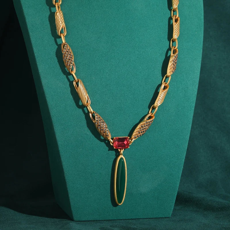 Vintage Green Willow Leaf Pendant Necklace with Crystal Accent