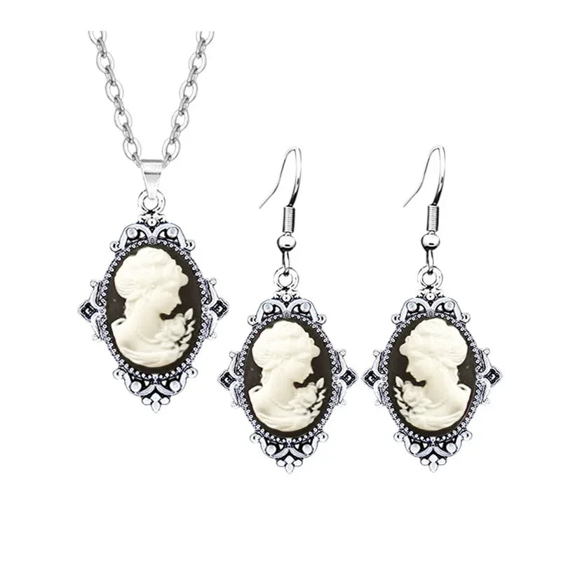 Lady Queen Cameo Jewelry Set – Flower Pendant Necklace & Earrings (1890s Inspired)