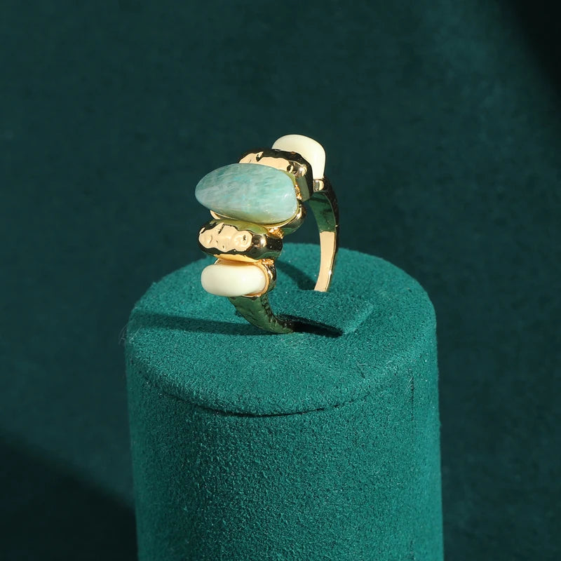 Art Deco Triple Stone Cocktail Ring – Green Oval with White & Gold Accents