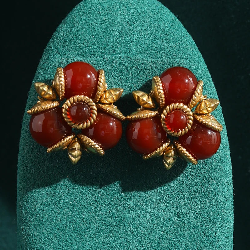 Art Deco Red Glazed Leaf Earrings – Triple Studs with Gold-Toned Floral Detail