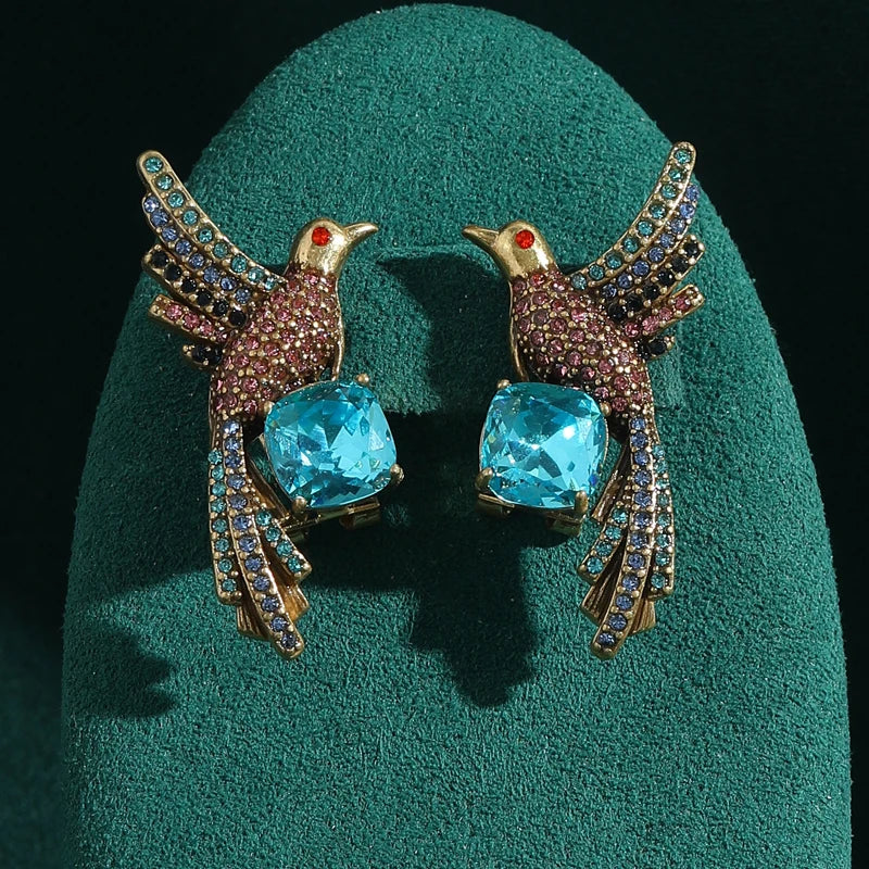 Victorian Revival Phoenix Earrings – Blue Crystal Bird Studs with Rhinestone Detail