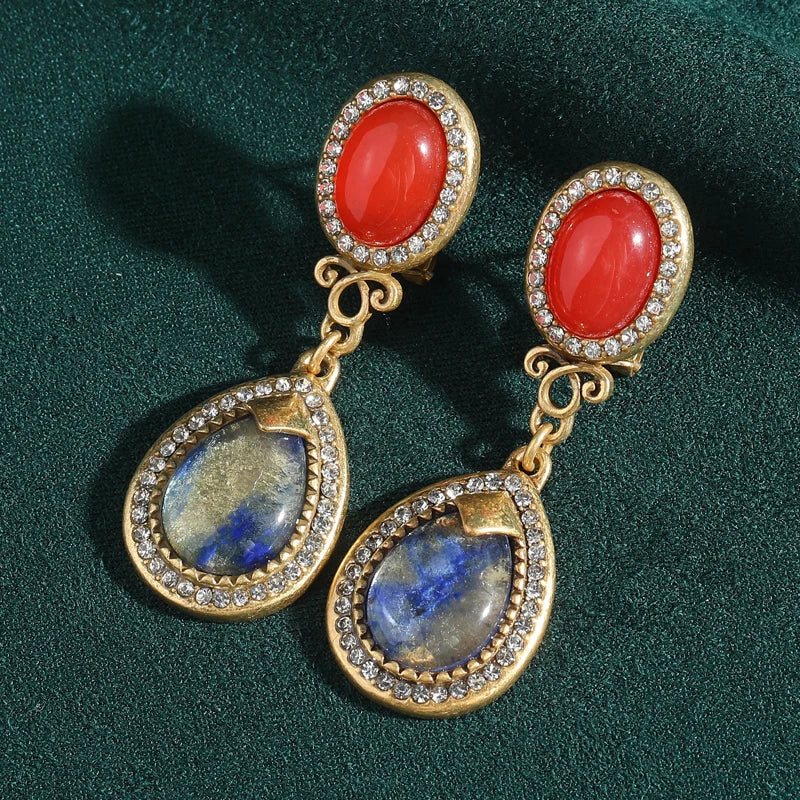 Vintage Duet Drop Earrings: Red Glass & Gradient Opal Cat Eye Stone with Gold Accents