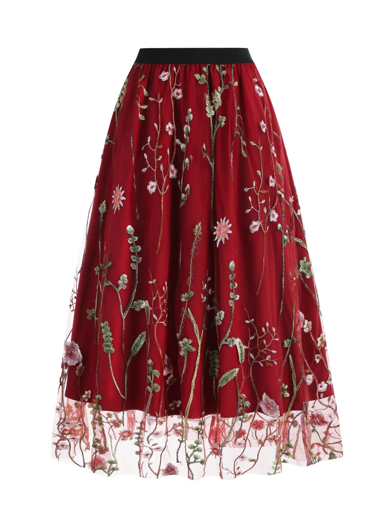 Enchanted Garden Embroidered Tulle Midi Skirt - Whimsical Floral Elegance