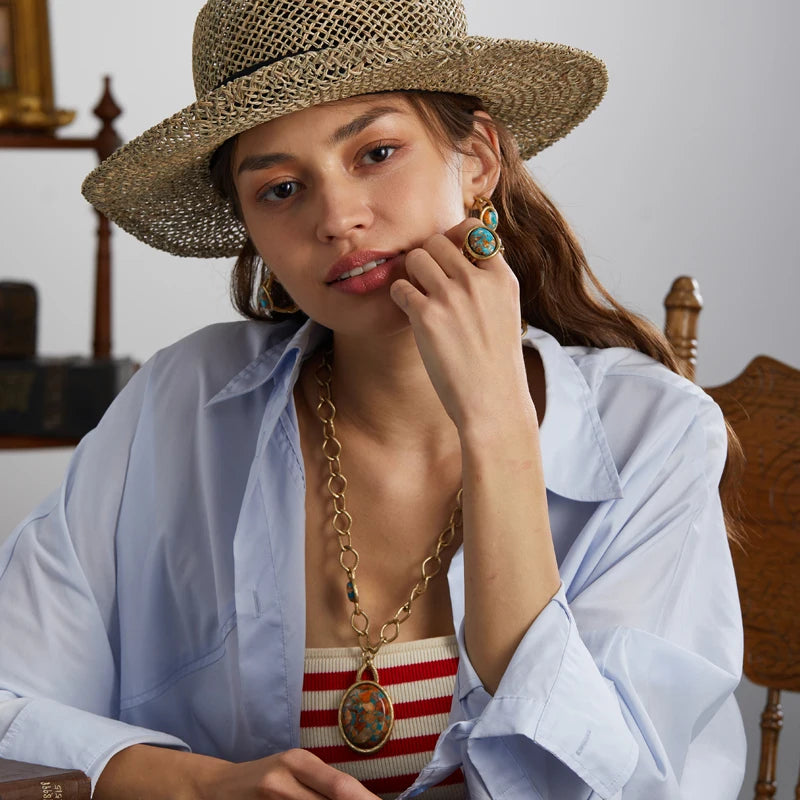 Boho Rococo Nautical Map Jewelry Set – Oval Stone Pendant, Earrings & Ring in Antique Copper