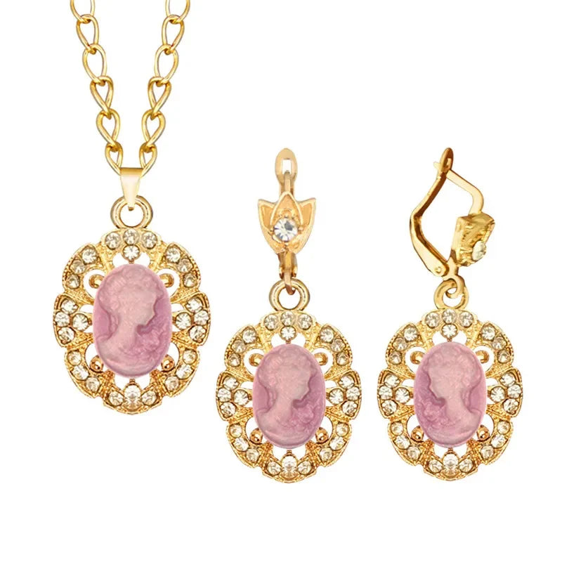 Lady Queen Pink Cameo Jewelry Set – Necklace & Earrings (1890s Inspired)