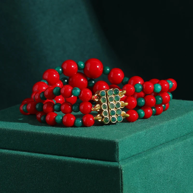 Vintage-Inspired Red & Green Beaded Bracelet – Bohemian Festival Revival