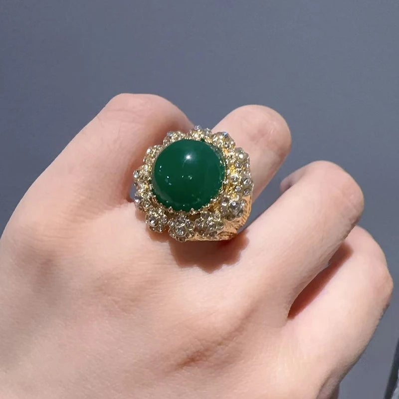Vintage Jade & CZ Sunburst Ring – 18K Gold-Plated