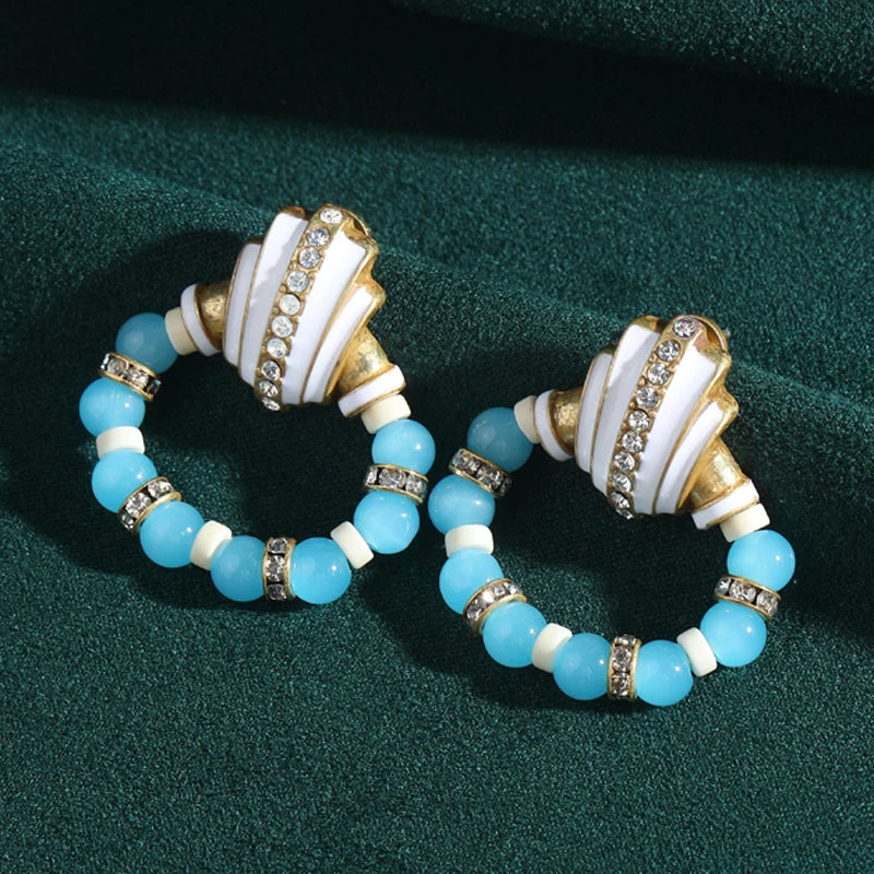 Vintage White Shell & Blue Bead Hoop Earrings - Silver Inlay & Rhinestone