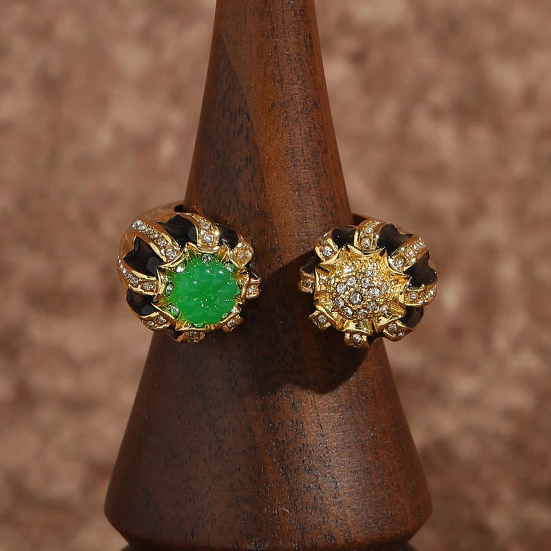 Vintage Green Glaze Pumpkin Gold-Plated Statement Ring – Adjustable