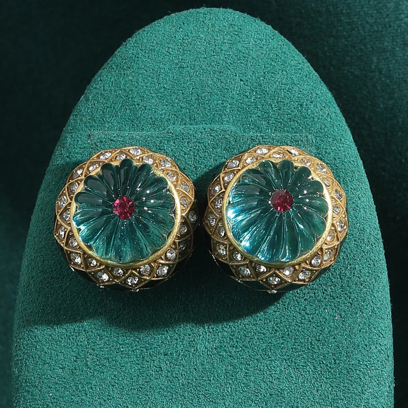 1950s Retro Hollywood Pumpkin Blue Earrings – Glazed Resin & Rhinestone Studs