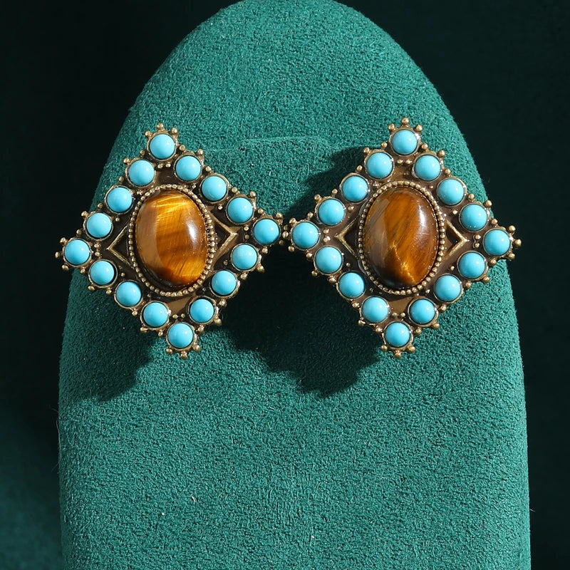 1960s Boho Mod Stud Earrings – Tiger Eye & Turquoise Beaded Squares