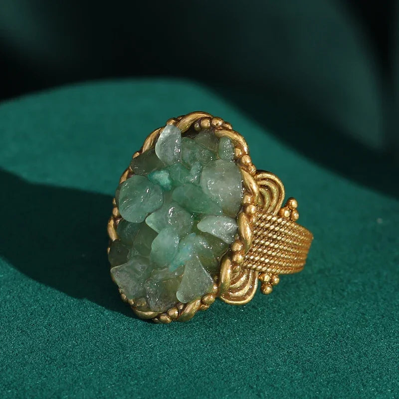1960s Boho Mod Gravel Green Stone Ring – Gold-Plated Statement Piece