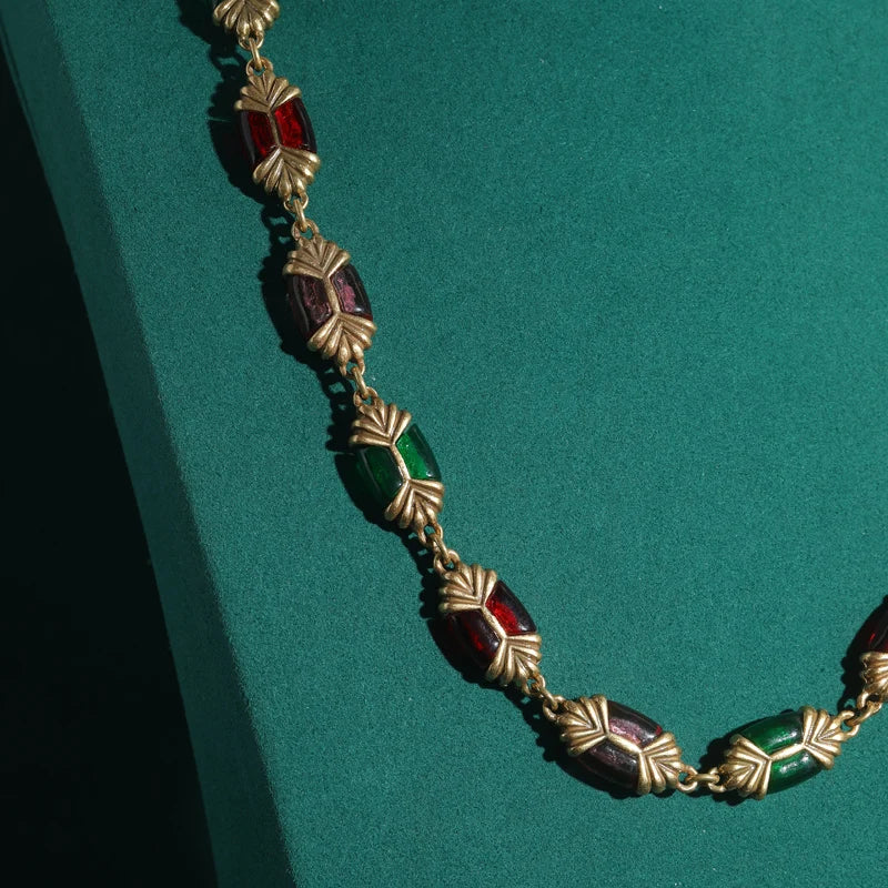Art Deco Enamel & Natural Stone Choker Necklace – Geometric Beaded Statement