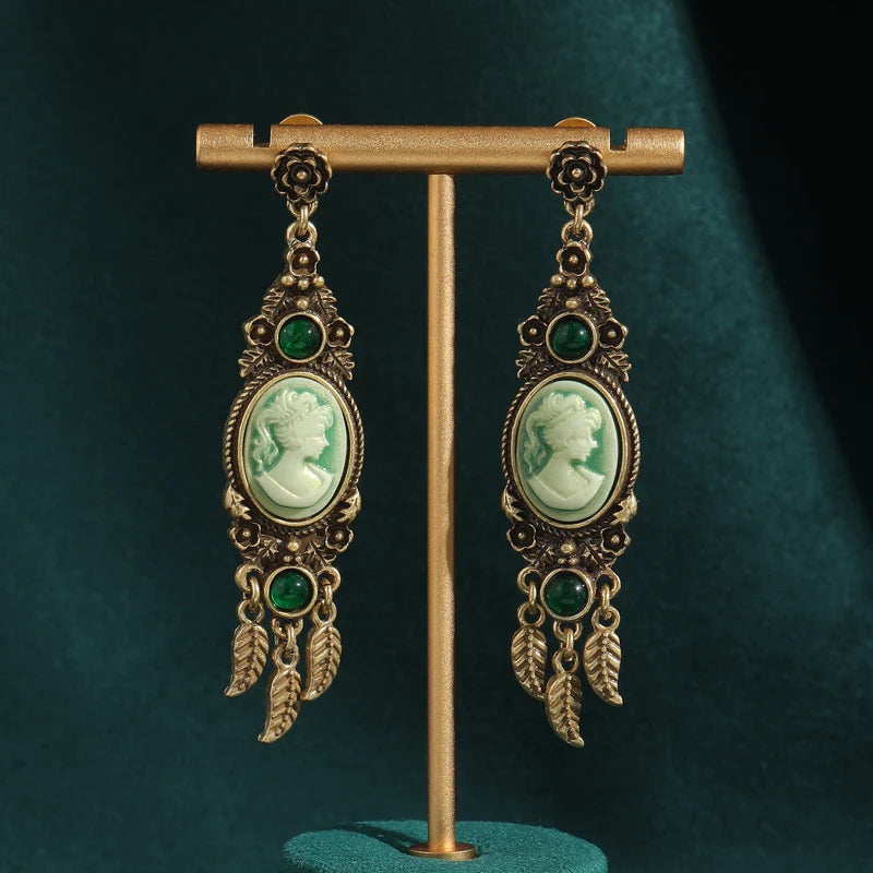 Green Cameo Feather Drop Earrings – Victorian-Inspired Heirloom Glam