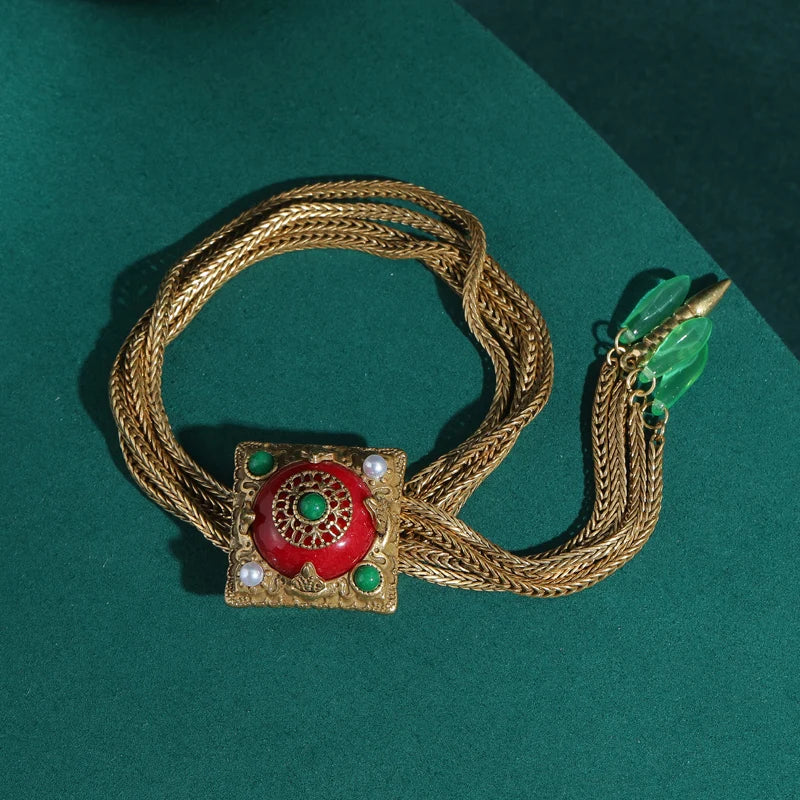 Vintage Snake Chain Charm Bracelet – 1950s Regal Red Glaze & Green Stone Drop