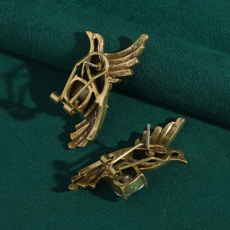 Victorian Revival Phoenix Earrings – Blue Crystal Bird Studs with Rhinestone Detail