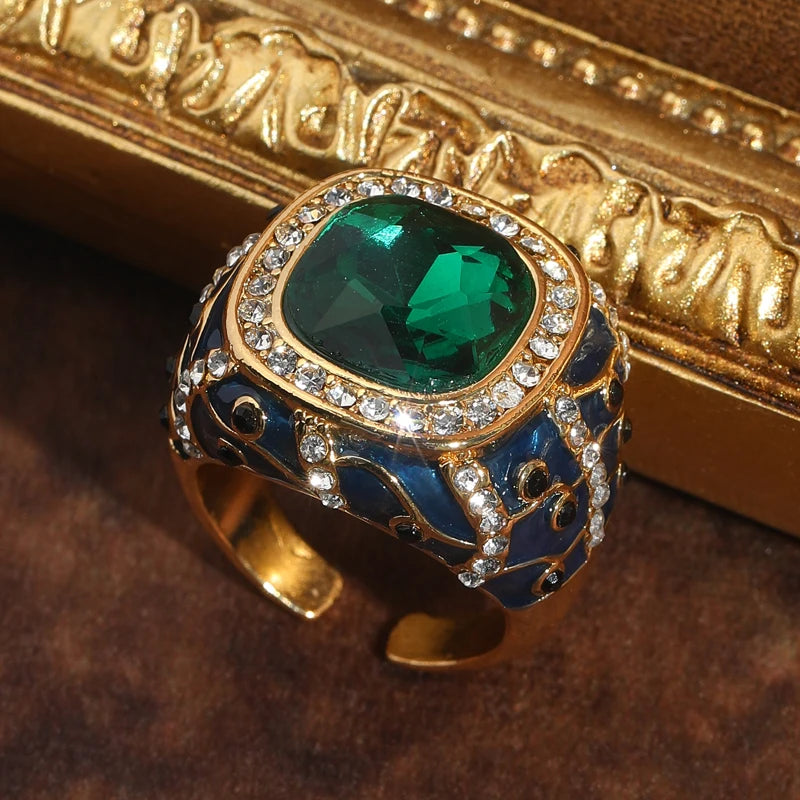 Vintage Green Crystal & Blue Enamel Gold-Plated Statement Ring – Adjustable