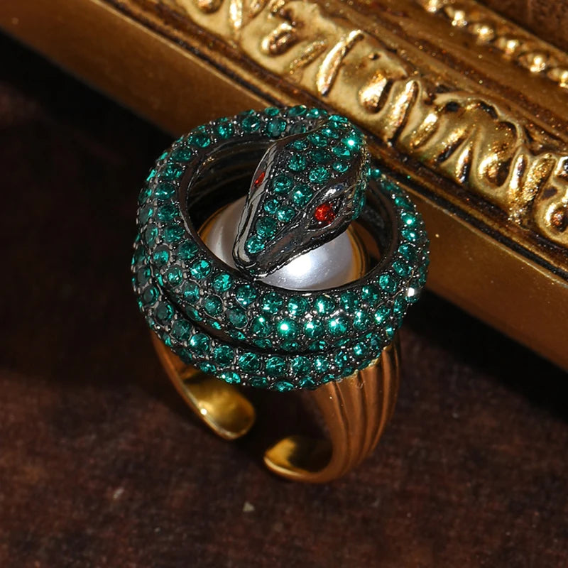 Vintage Green Rhinestone Snake Gold Plated Ring - Natural Stone Inlay