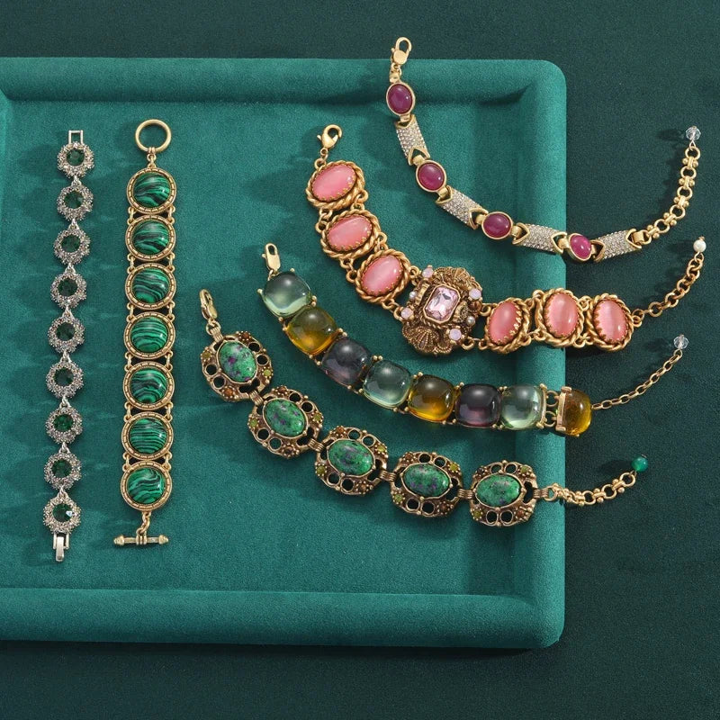 Vintage Snake Chain Charm Bracelet – 1950s Regal Red Glaze & Green Stone Drop