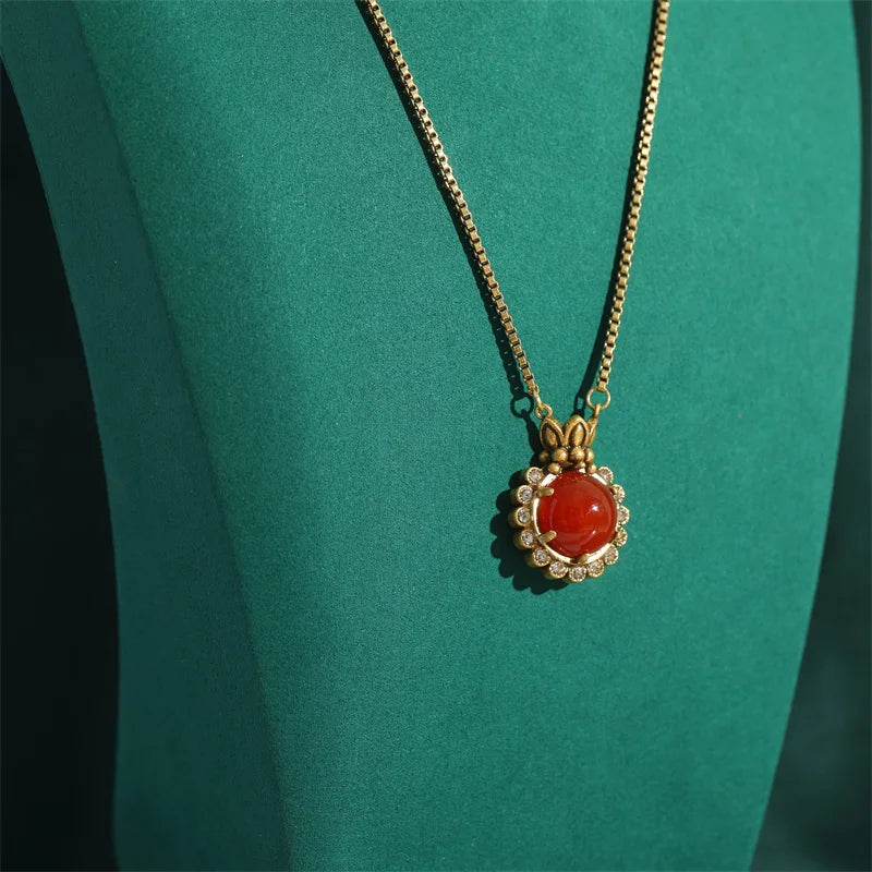 Vintage Red Agate & Rhinestone Gold Tone Pendant Necklace