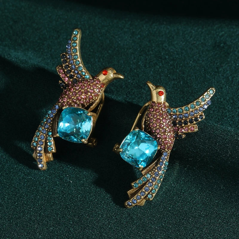 Victorian Revival Phoenix Earrings – Blue Crystal Bird Studs with Rhinestone Detail