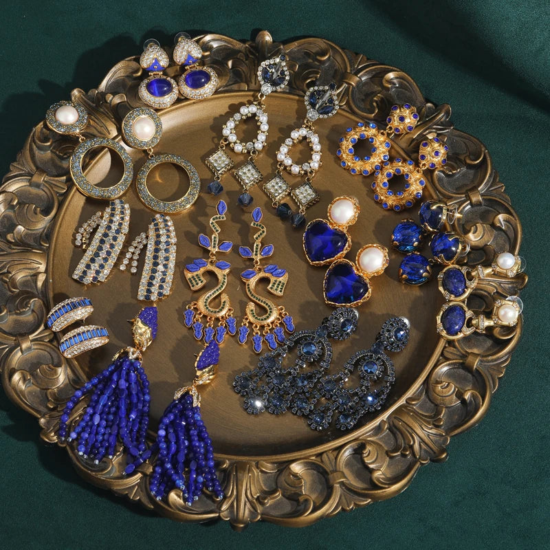 80s Power Glam Blue Crystal Circle Drop Earrings – Oversized Clip-On Statement Pair