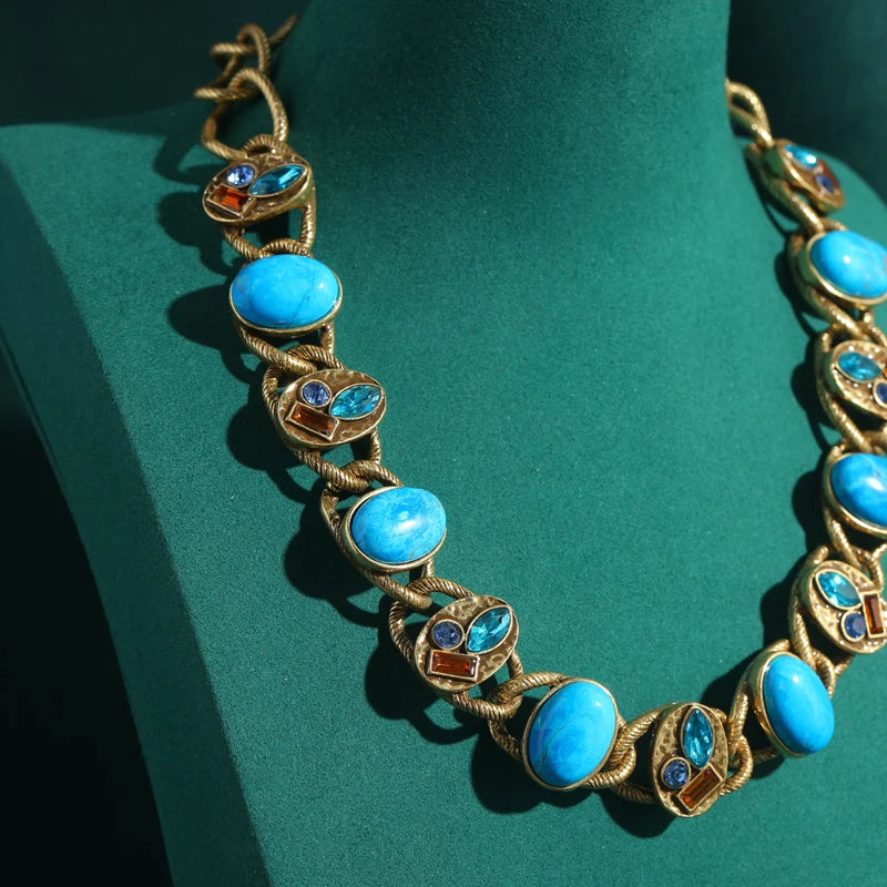 Vintage Turquoise Blue Stone Necklace with Antique Gold Chain