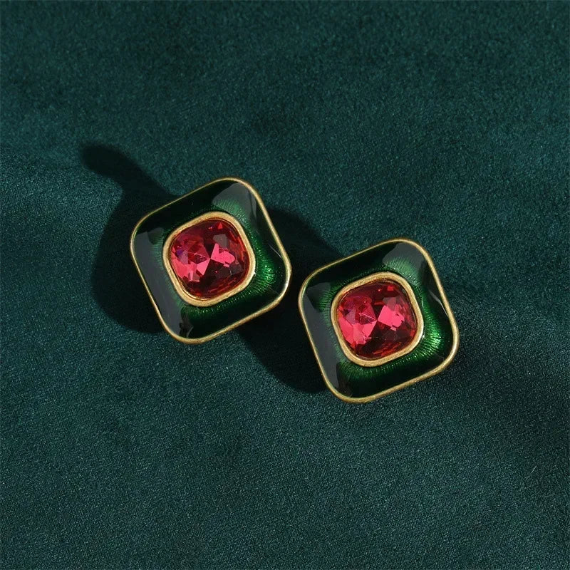 80s Power Glam Pink Crystal Square Stud Earrings – Enamel Sugar Statement Pair