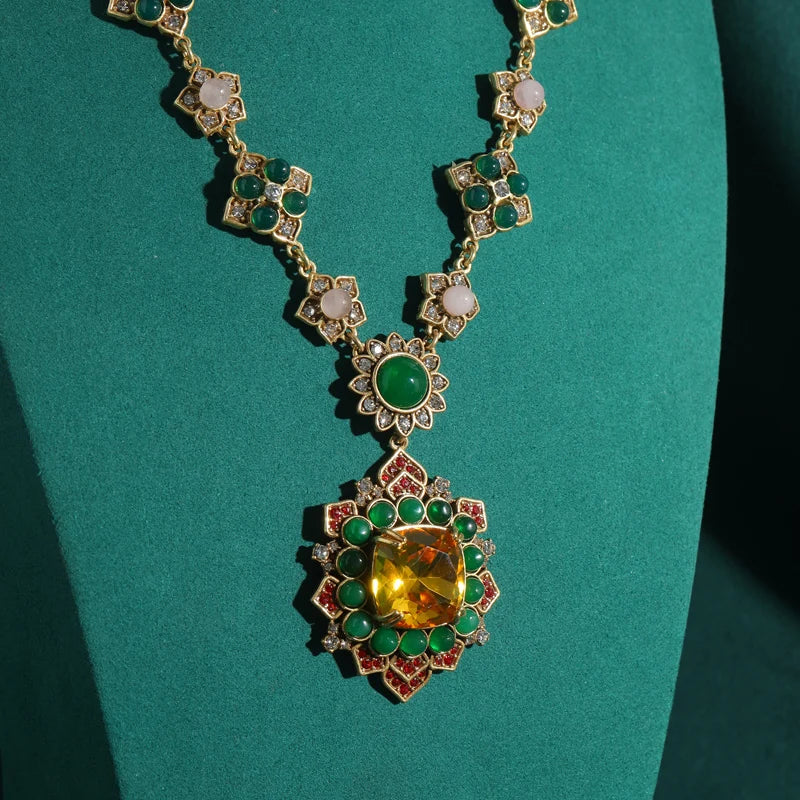 Vintage Green Glaze Pendant Necklace with Crystal Pink Flower