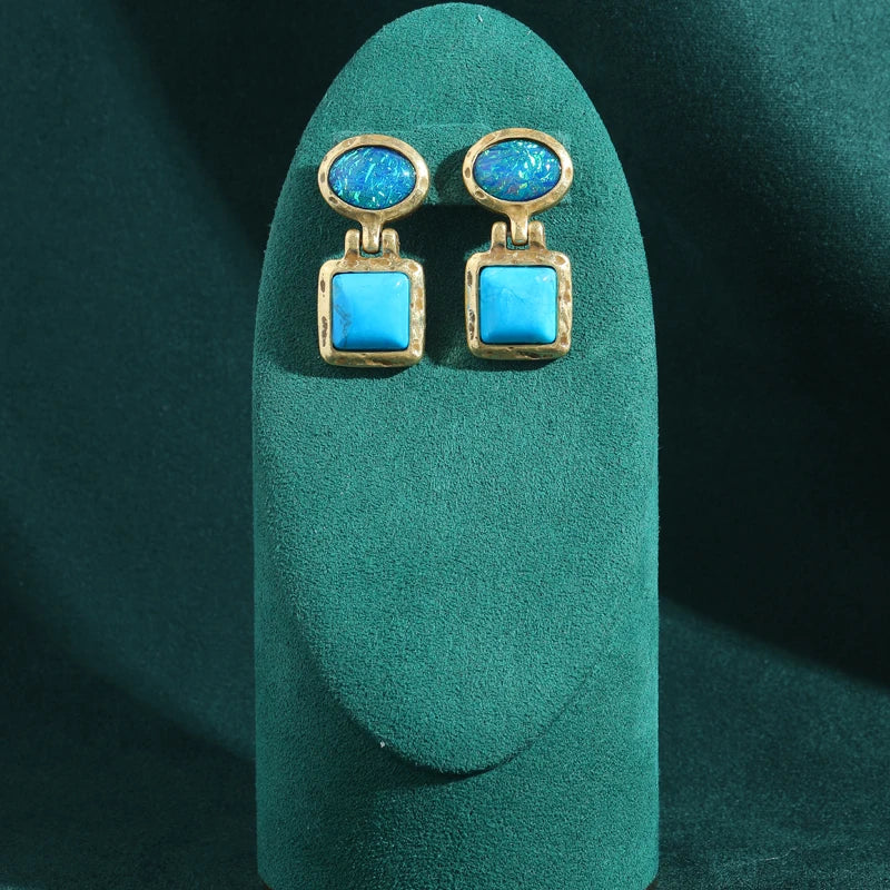 Vintage Opal & Turquoise Drop Earrings – Earthy Elegance