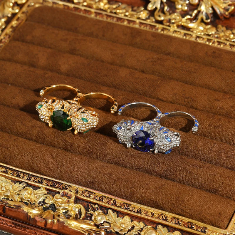 Vintage Double Leopard Gold Plated Ring - Green Crystal & Zircon - Adjustable