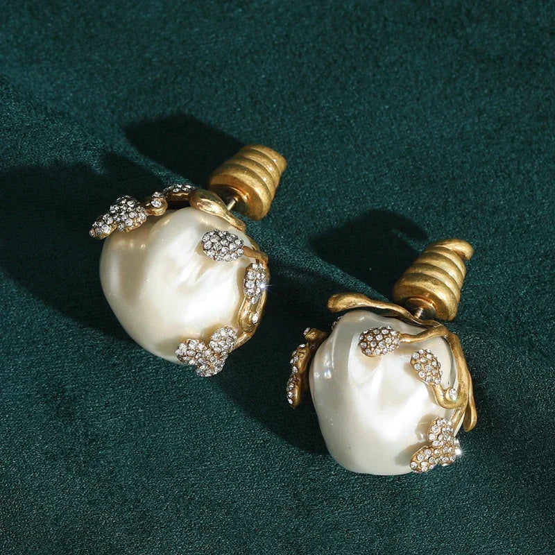 Baroque Revival Shell Bulb Earrings – Large Freshwater Pearl Studs with Spiral Clasp
