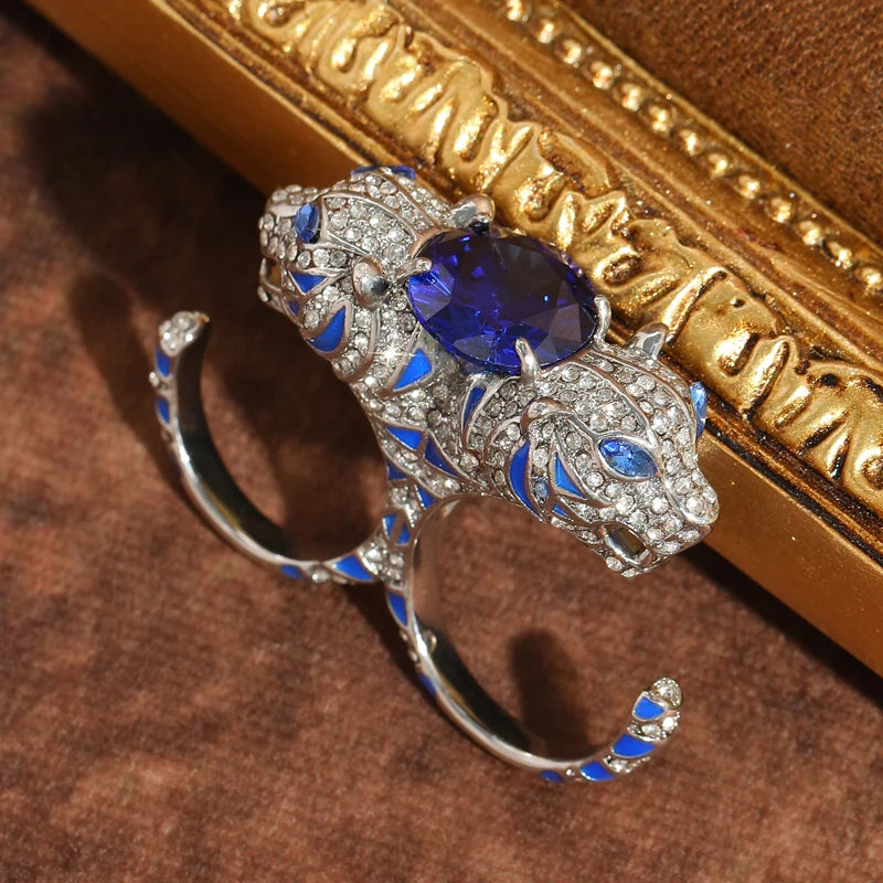 1920s Art Deco Panther Statement Ring – Silver & Sapphire Inlay