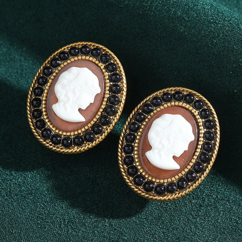 Victorian Black & White Cameo Earrings – Ornate Rhinestone Clip-Ons
