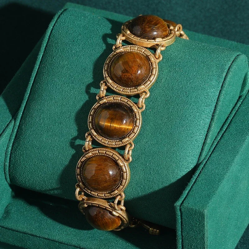 1950s Retro Hollywood Tiger Eye Bracelet – Gold-Plated Round Statement