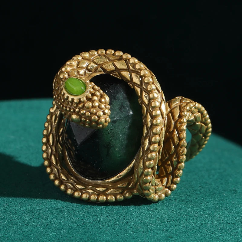 Vintage Big Gold Plated Snake Ring - Natural Stone Inlay