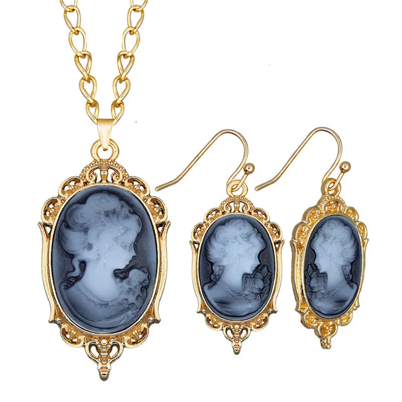 Lady Queen Cameo Jewelry Set – Necklace & Earrings (1890s Inspired)