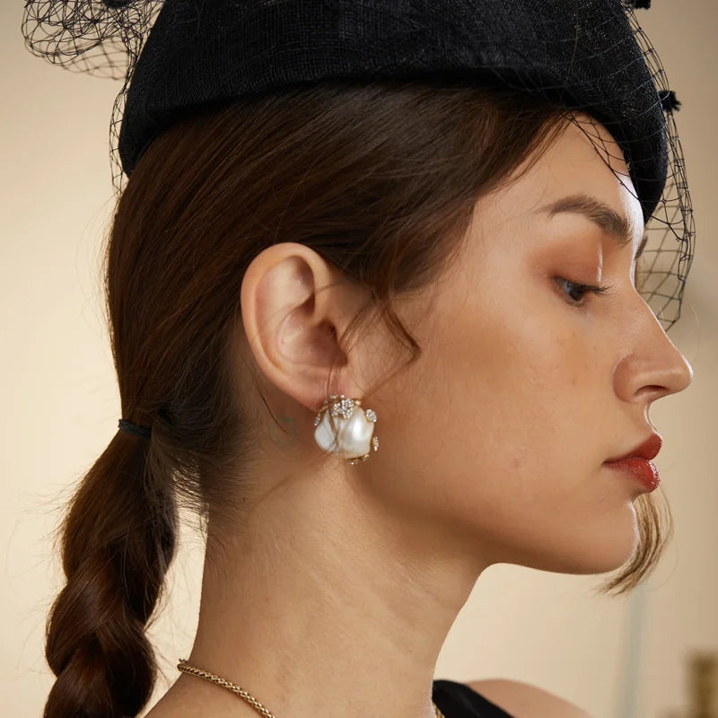 Baroque Revival Shell Bulb Earrings – Large Freshwater Pearl Studs with Spiral Clasp